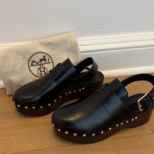 Hermes Black Leather Clogs with Silver Studs